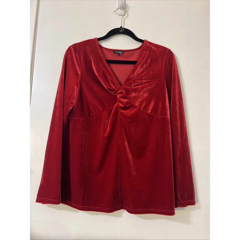 600 West Red Sz‎ Large Babydoll Knot Front Blouse Long Sleeve Velvet Velour Top